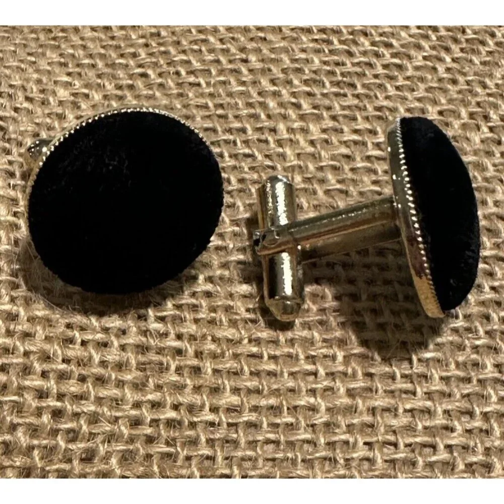 Black Crushed Velvet Velour Gold Tone Button Shape Cufflinks Wedding Formal